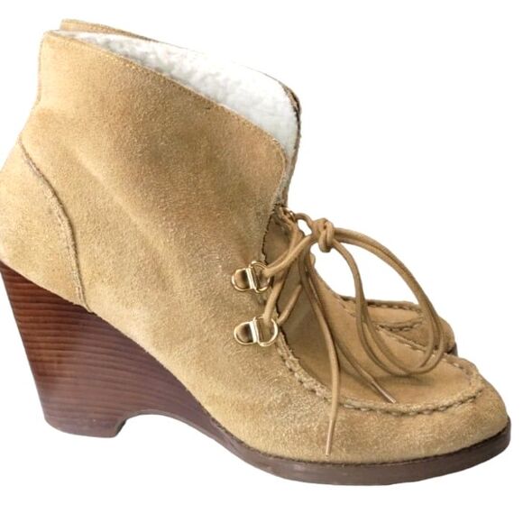 Michael Kors Ankle Tie Up Bootie Women's 6 1/2 Fawn Tan Suede Sherpa Lined Shoes - Picture 1 of 8